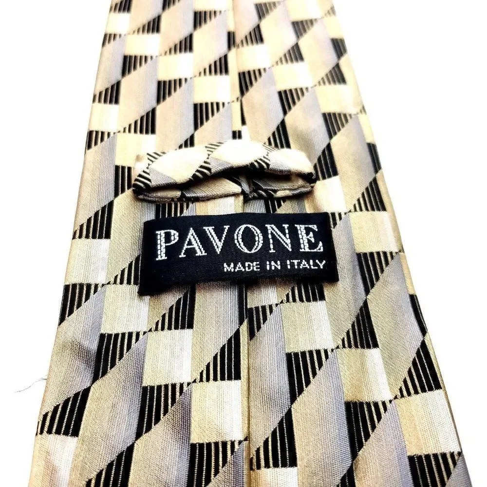 Pavone Silk Tie Woven Yellow Brown Italy‎